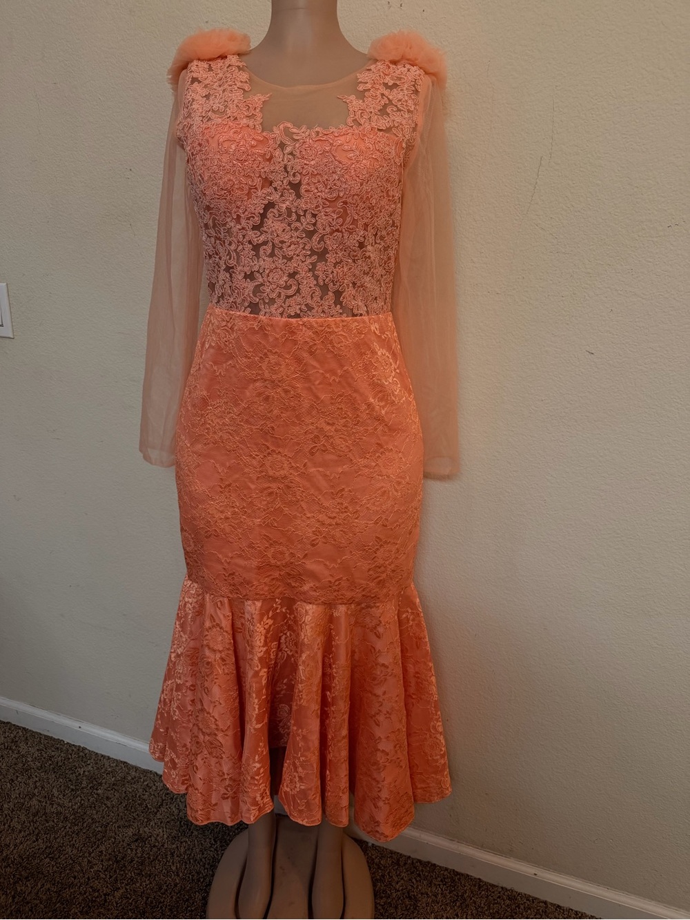 Coral Lace Long-Sleeve Mermaid Dress